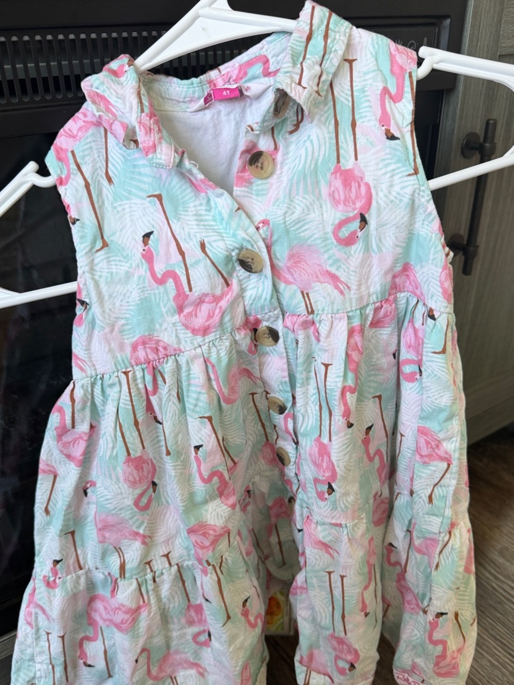 Ruffle Butts Pink and Aqua Flamingo Tiered Button Dress 4T